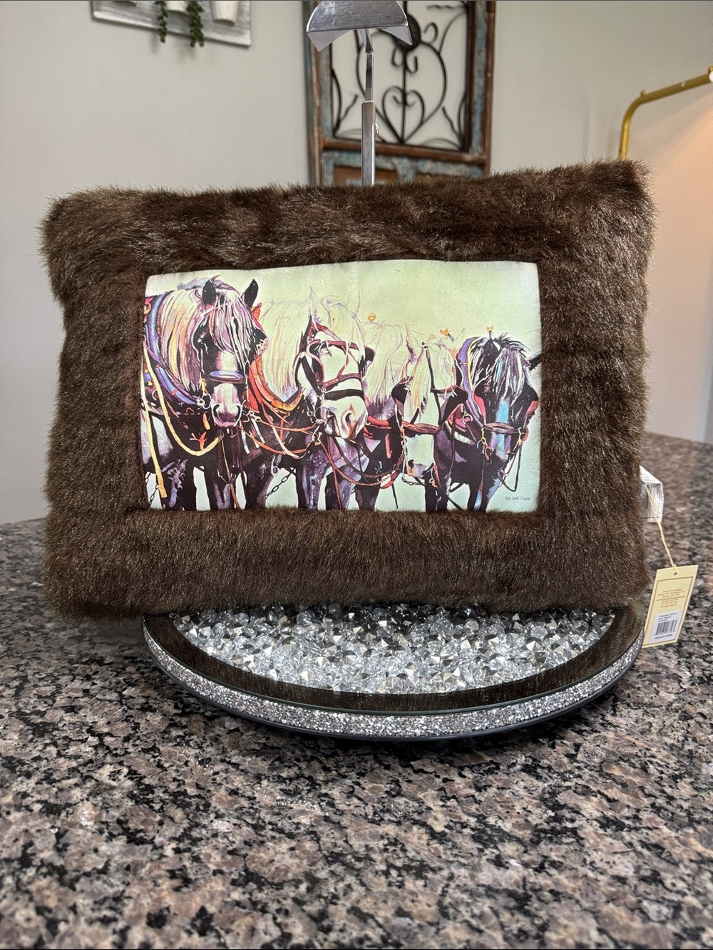 Colorful Horse equestrian Panel Faux Fur Accent Pillow - Brown Frame